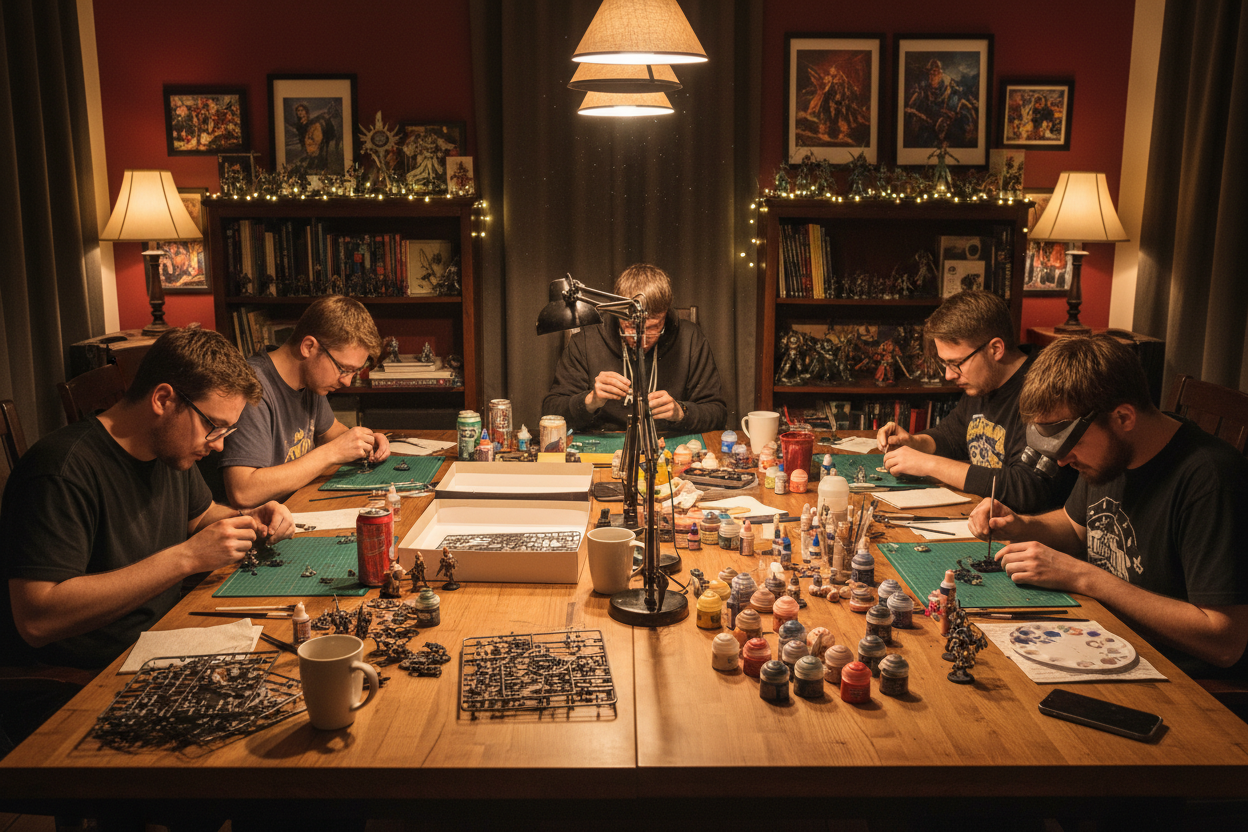 People building and painting miniatures